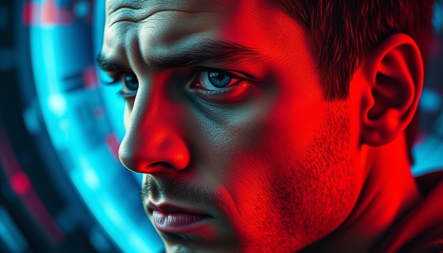 Close-up of man with intense look, futuristic art, pixelated backdrop