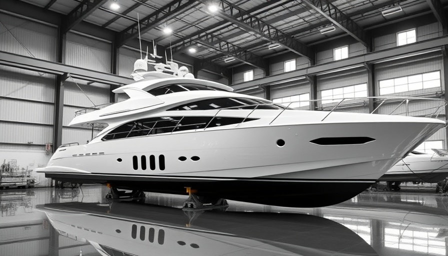 Grand Banks yacht innovation in maintenance facility, sleek design.