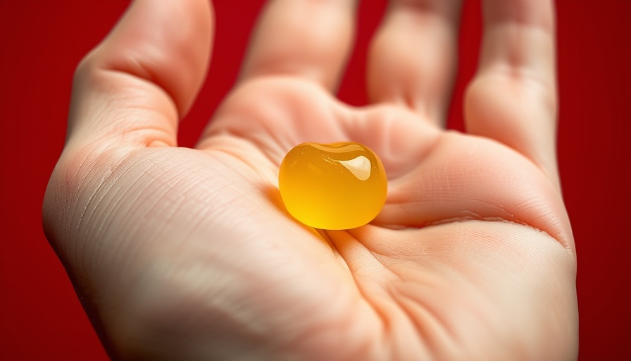 Close-up of hand with yellow gummy on red background.