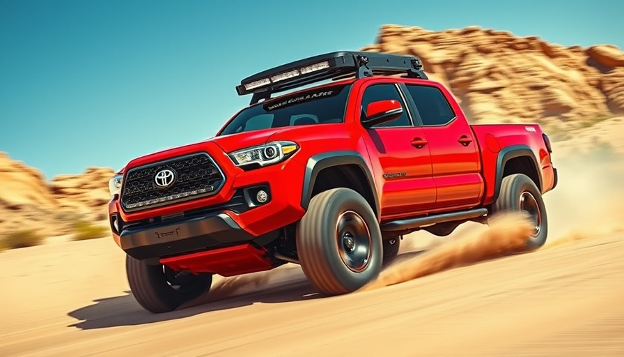 Red 4th-gen Tacoma with strongest roof rack in desert.
