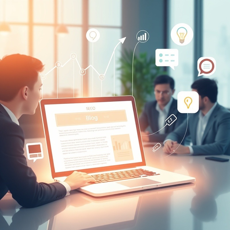 Digital illustration of a glowing laptop displaying a blog article, symbols of growth and engagement.