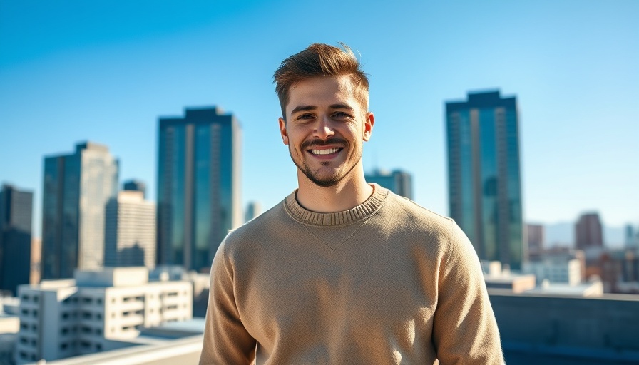 Confident young man on rooftop with city skyline reflecting Heidi Health's Series B funding.