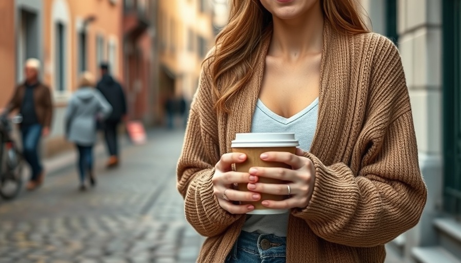 Everlane sustainable fashion, brown cardigan and coffee.