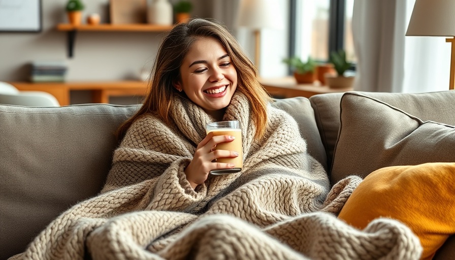 Woman wrapped in sustainable eco-friendly blanket on yellow couch.
