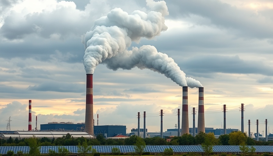 Industrial area with smokestacks and solar panels highlighting air pollution control benefits.