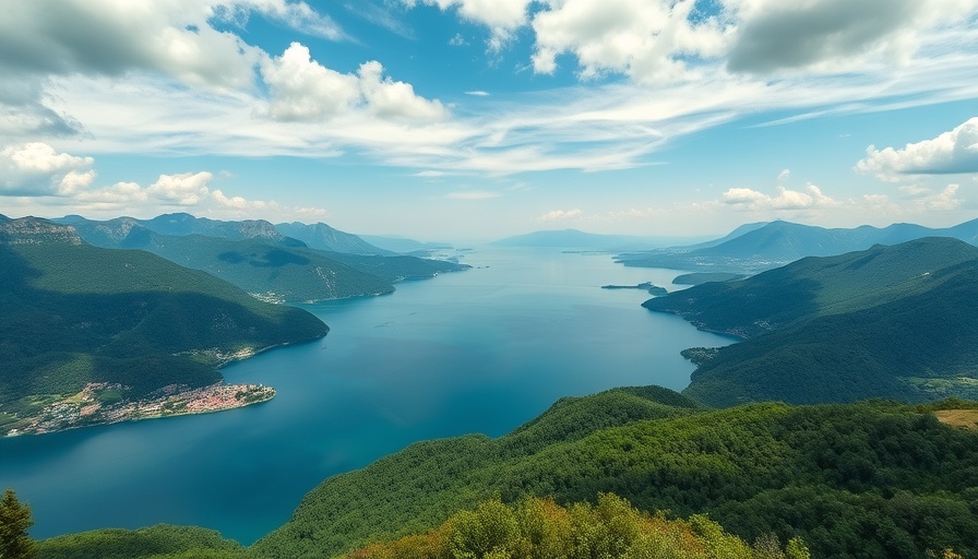 Panoramic view of Lake Maggiore in vibrant greenery and distant mountains.