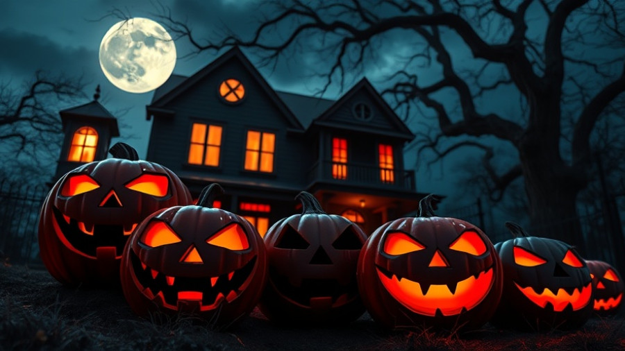 Halloween jack-o'-lanterns glowing brightly in front of a haunted house.