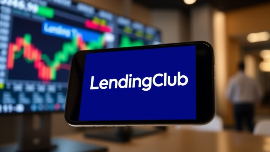 LendingClub logo on phone with stock charts in background.