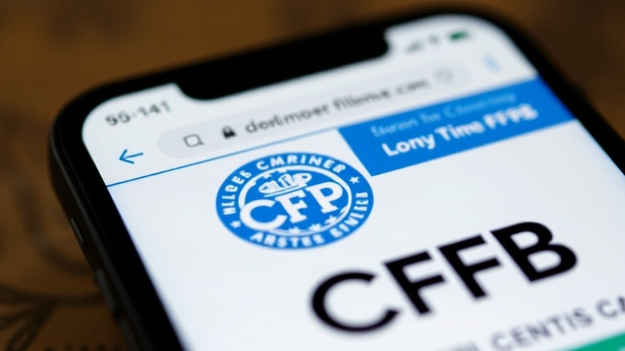 Smartphone displaying CFPB logo in front of website blurred background.