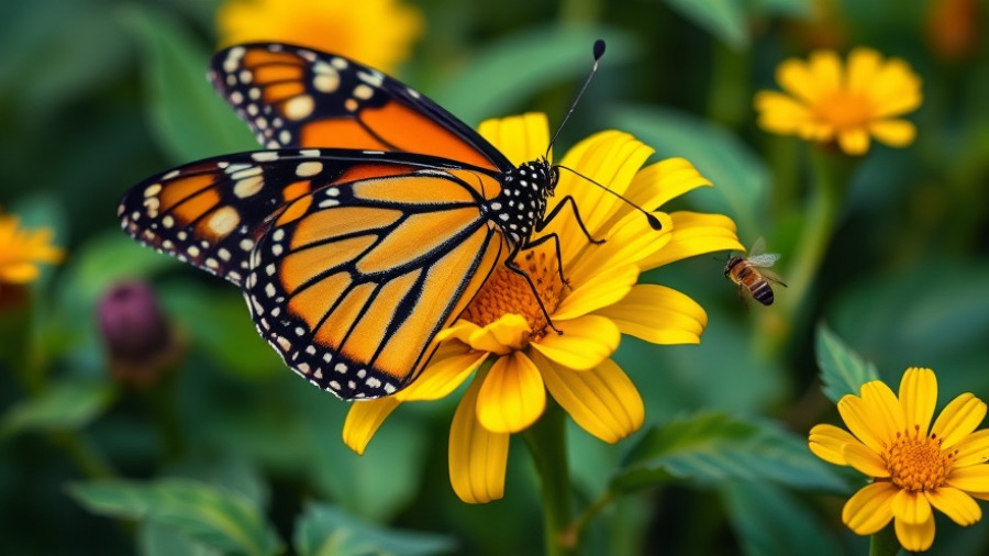 Monarch butterfly and bee on yellow flower, eco-friendly gardening.