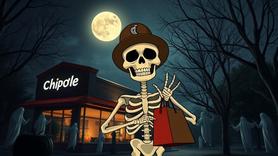 Chipotle Halloween Boorito Deal with cartoon skeleton in spooky scene.