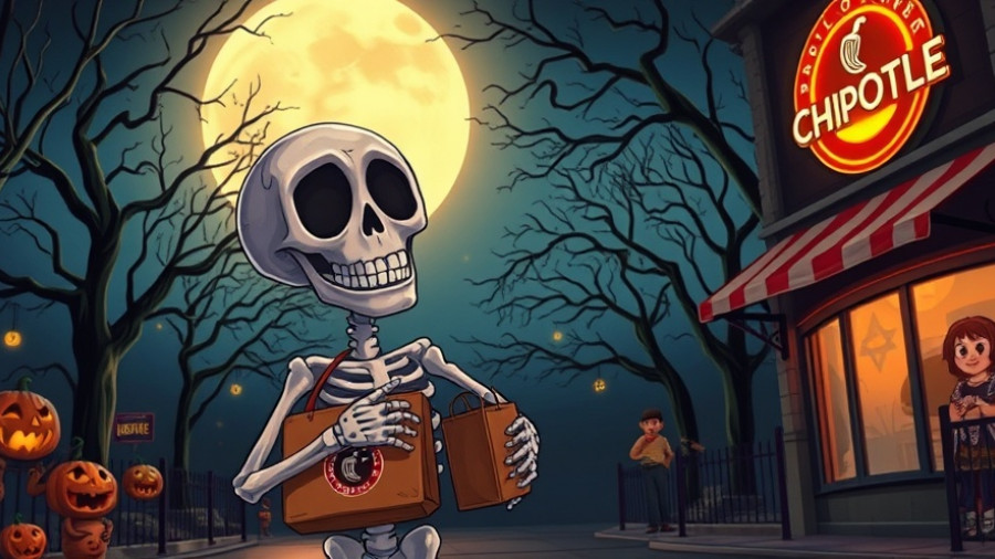 Cartoon skeleton with Chipotle bag on Halloween night.