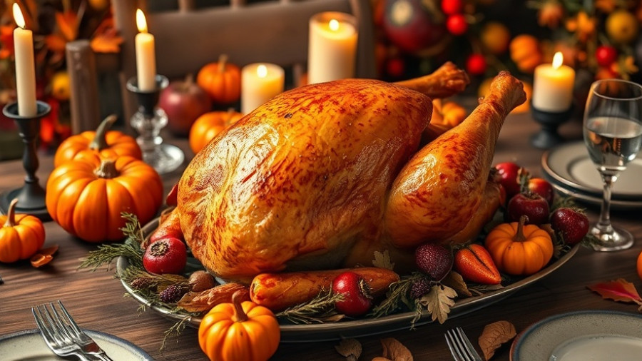 Thanksgiving Dinner to Go: Festive turkey with autumn fruits.