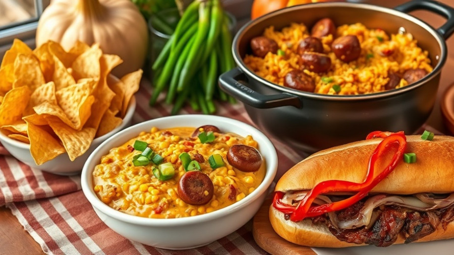 Three North Carolina recipes for fall: corn dip, sausage rice, and steak sandwich.