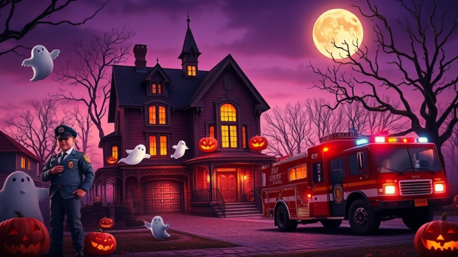 Durham Trunk or Treat event poster features a haunted house, ghosts, and emergency vehicles.