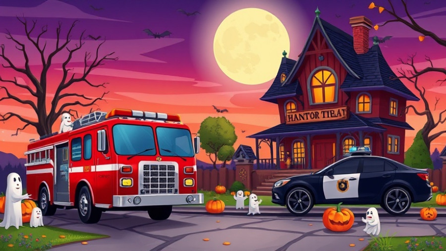Durham First Responders Trunk or Treat cartoon ad with ghostly haunted house.