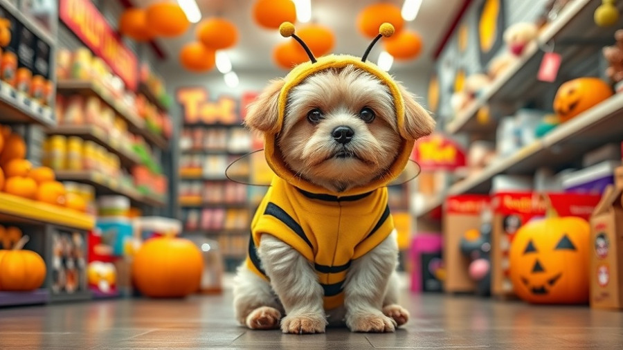Cute dog in bee costume, Trick or Treat for pets event at a pet store.