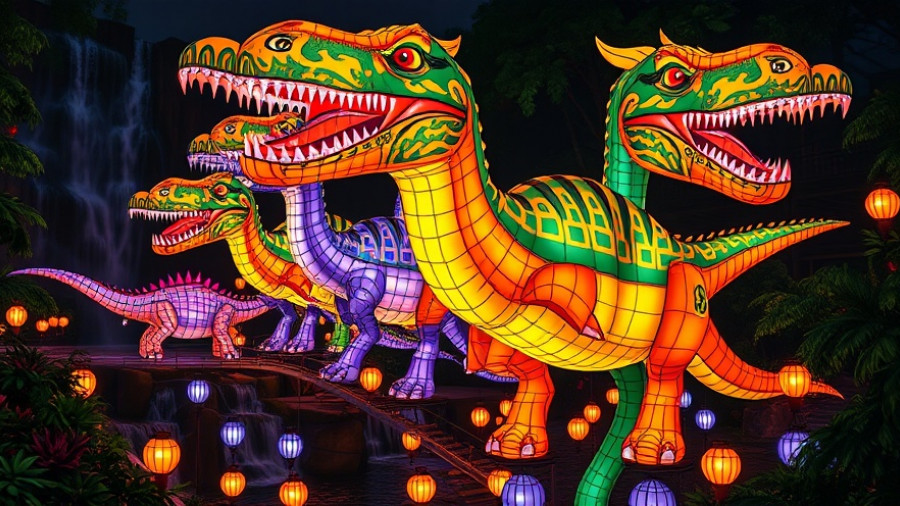 Dinosaur lanterns with waterfalls, North Carolina Chinese Lantern Festival 2025.
