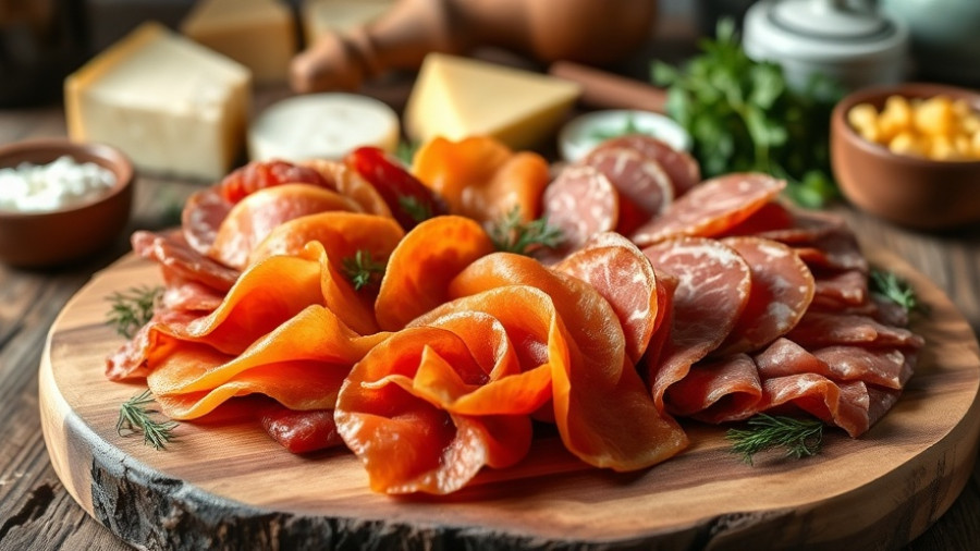 Gourmet cured meats on a wooden platter with cheese in background.