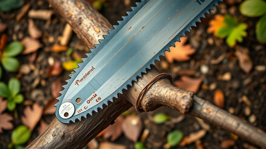 Close-up shot of a pruning saw cutting a branch for eco-friendly gardening.