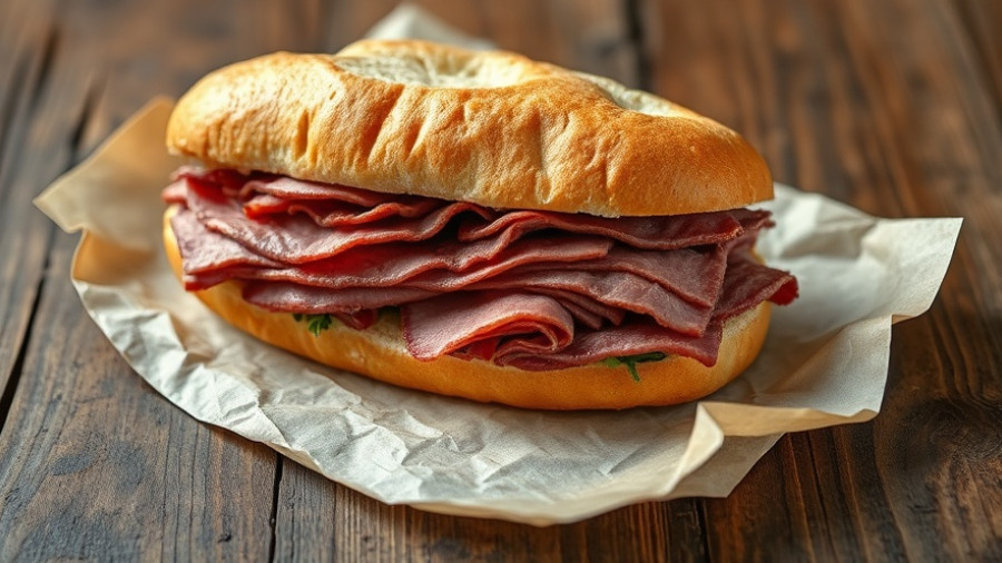 Delicious pastrami sandwich on parchment paper.