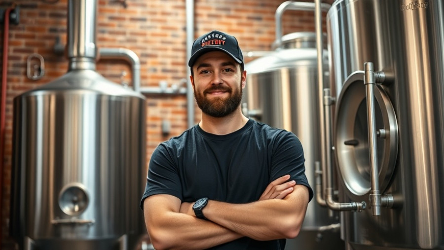 Brewery worker in Charlotte standing by brewing tanks, arms crossed.