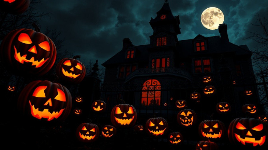 Glowing jack-o'-lanterns with spooky faces in front of a haunted house; Halloween food freebies and deals 2025.