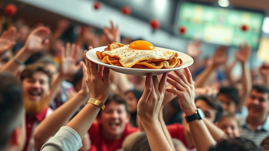 Denny's Grand Slam Giveaway with crowd reaching for breakfast.
