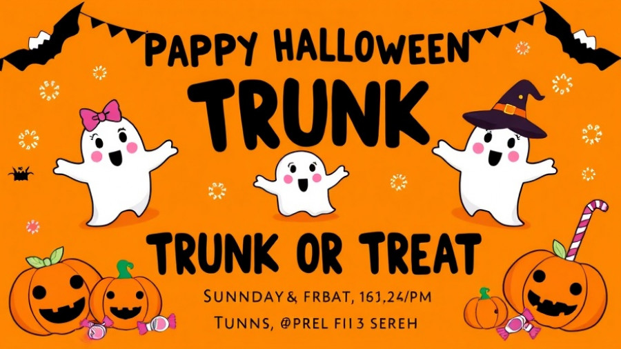 Trunk or Treat in Raleigh event poster with cute Halloween ghosts and pumpkins.