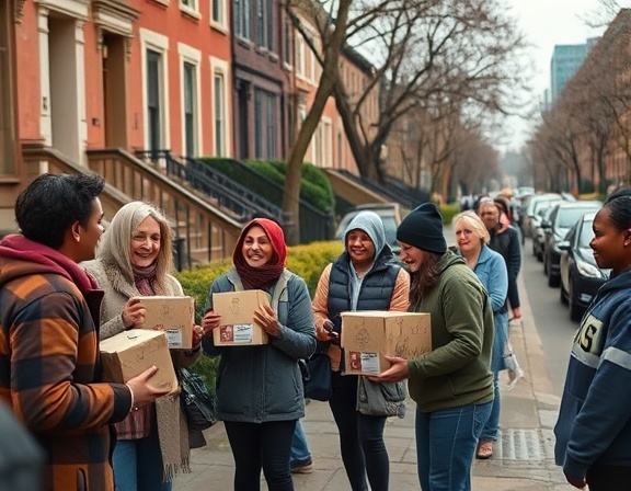 engaged volunteer outreach, enthusiastic, distributing food parcels, photorealistic, urban neighborhood street with brownstones and cars, highly detailed, people forming a line for distribution, shot with a Sony 35mm f/1.4 lens, warm earth tones, soft natural light