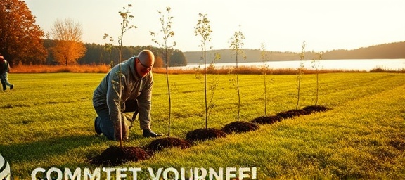 committed volunteer community, cheerful, planting trees, photorealistic, open green field by a lakeside, highly detailed, saplings being carefully planted, shot with a Nikon 85mm f/1.4 lens, rustic autumn colors, golden hour glow