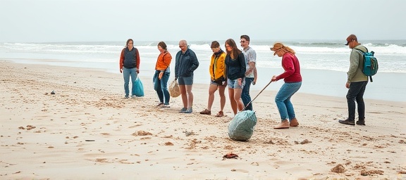 active volunteer group, focused, cleaning up beach, photorealistic, sandy shoreline with scattered debris and ocean waves, highly detailed, bags and trash being gathered, shot with a Canon 24-70mm f/2.8 lens, natural teal and beige, overcast soft light