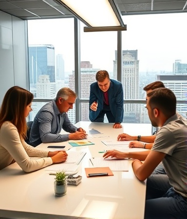 non-profit organization staff, dedicated, planning projects at a conference table, photorealistic, well-lit conference room with city views, highly detailed, colleagues brainstorming, high clarity, neutral tones, fluorescent lighting, shot with a 24mm lens.