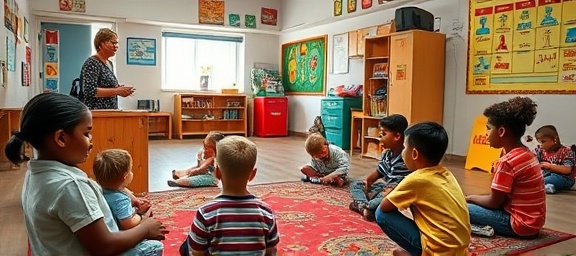 dynamic volunteer outreach, passionate, educating children, photorealistic, colorful classroom with drawings on the walls, highly detailed, kids listening attentively on a rug, shot with a Panasonic Lumix 25mm f/1.7 lens, lively primary colors, mid-morning daylight