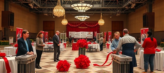 motivated volunteer community, supportive, setting up a charity event, photorealistic, large hall with tables and banners, highly detailed, decorations being arranged, shot with a Sony 24-70mm f/2.8 lens, festive reds and silvers, artificial bright light
