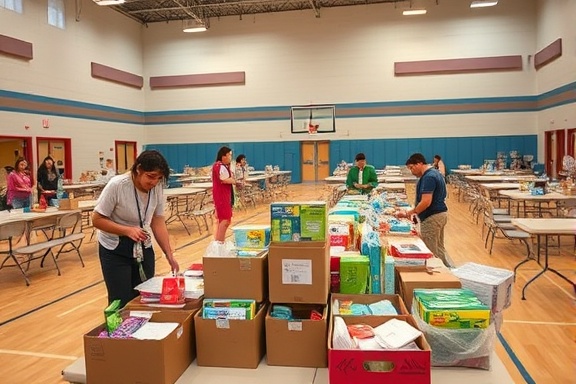inspiring volunteer action, hopeful, creating care packages, photorealistic, school gymnasium with folding tables, highly detailed, various supplies being organized into boxes, shot with a Canon 35mm f/1.8 lens, soft pastel colors, gentle overhead lighting