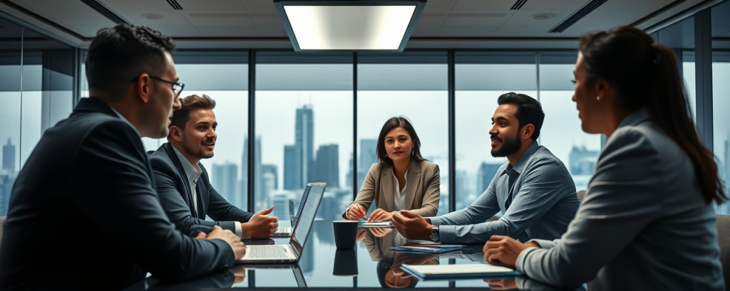 support network meeting, focused, discussing strategies in a boardroom, photorealistic, modern boardroom with skyline view, highly detailed, diverse team engaging in dialogue, sharp detail, muted greys, overhead office lighting, shot with a 28mm lens.