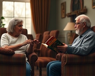 caring volunteer outreach, nurturing, reading to seniors, photorealistic, cozy nursing home lounge with armchairs, highly detailed, elder residents listening intently, shot with a Leica 50mm f/2 lens, soft muted tones, late afternoon light