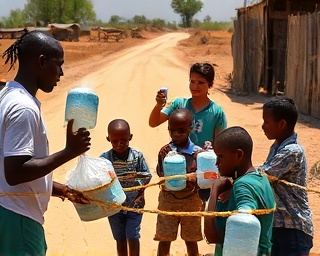 selfless volunteer action, determined, distributing clean water, photorealistic, rural area with dusty roads and thirsty children, highly detailed, water jugs being handed out, shot with a Canon 70-200mm f/2.8 lens, earthy tones, harsh midday sunlight