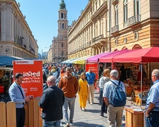 united volunteer impact, enthusiastic, raising funds, photorealistic, bustling city square with various stalls and people, highly detailed, interaction between vendors and donors, shot with a Nikon 28mm f/1.8 lens, vibrant mix of colors, bright sunny day
