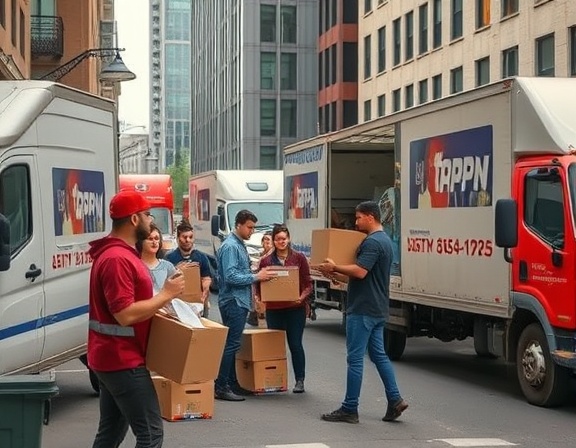 vibrant relocation moving, team strategizing routes, movers lifting boxes, photorealistic, urban street scene with moving trucks and buildings, highly detailed, people communicating with walkie-talkies, precise composition, warm earth tones, overcast natural lighting, shot with a 24mm wide-angle lens.