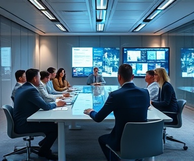 professional relocation business, meeting discussion, executives planning strategies, photorealistic, sleek boardroom with a large table and digital presentation screens, highly detailed, diverse group engaged in dialogue, crisp visuals, cool blue and gray tones, soft ambient lighting, shot with a 50mm portrait lens.