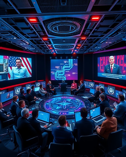 diverse veteran network, collaborative expression, connected via digital screens, photorealistic, virtual meeting space with futuristic holograms, highly detailed, interactive elements, high dynamic range, vibrant colors, LED lighting, shot with a 24mm wide-angle lens.