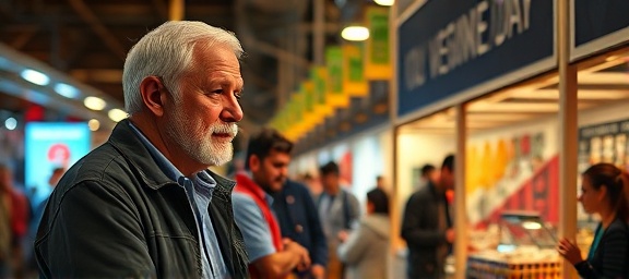 innovative veteran commerce, thoughtful expression, strategizing, photorealistic, bustling marketplace with interactive kiosks, highly detailed, customer interactions, high ISO, warm undertone, ambient lighting, shot with a 50mm standard lens.