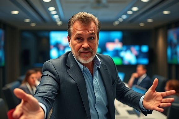 dynamic veteran enterprise, driven expression, engaging in a pitch, photorealistic, high-tech conference room with digital displays, highly detailed, animated presentations, f/2.8 aperture, crisp neutral colors, spotlighting, shot with an 85mm lens.