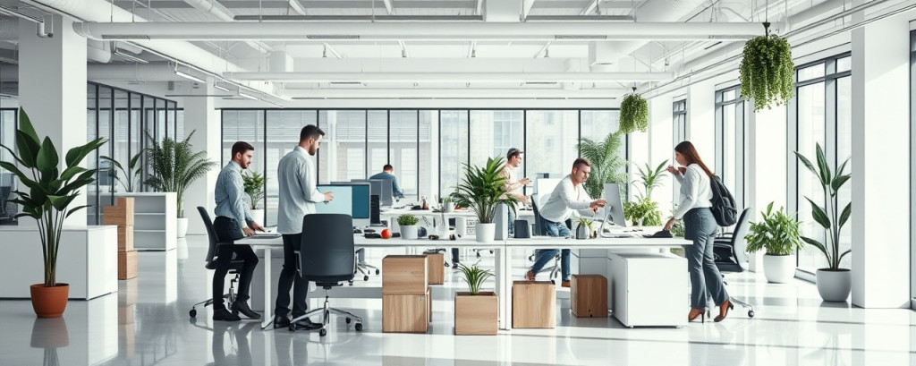 efficient relocation corporate, seamless transition, employees adapting to new roles, photorealistic, open-plan modern office with collaborative spaces and plants, highly detailed, colleagues interacting and setting up new workstations, dynamic positioning, monochromatic scheme with splashes of color, soft midday lighting, shot with a 28mm focal length.