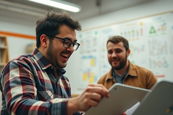 budding veteran startup, excited expression, collaborating on a project, photorealistic, startup garage with creative brainstorming boards, highly detailed, innovative prototypes, fast shutter speed, pastel color palette, overhead fluorescent lighting, shot with a 28mm lens.