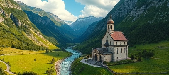 breathtaking chapel landscape, inspiring vista, extending skywards, photorealistic, nestled in a mountain valley, highly detailed, flowing river, wide-angle 24mm lens, vibrant greens and blues, morning light, shot with a Nikon D850