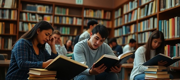 chapel students, eager scholars, engaging in study, photorealistic, library setting filled with books, highly detailed, quiet atmosphere, prime 85mm lens, soft pastels, diffused lighting, shot with a Sony Alpha 7R IV