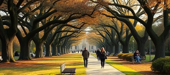 peaceful chapel parks, relaxing environment, people strolling, photorealistic, lined with ancient oaks, highly detailed, gentle breeze, telephoto 70-200mm lens, autumn browns and oranges, afternoon lighting, shot with a Panasonic Lumix S1